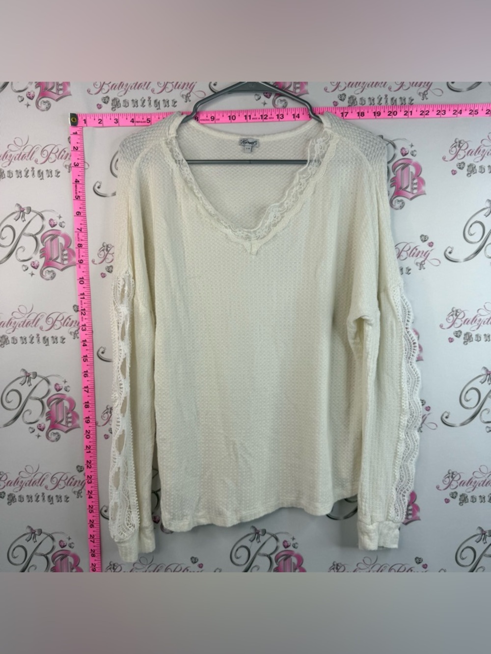 Kismet long sleeve Lacie crochet Cream Long Sleeve Lace-Trim Waffle Knit Top